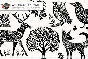 Vintage Woodcut Lino Print Animals