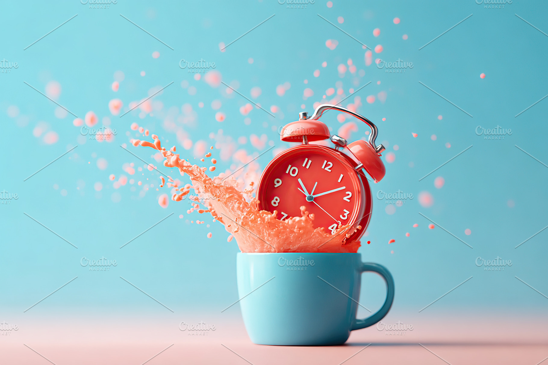 Clock splashing colorful liquid in a blue mug against a vibrant backdrop, an Abstract Photo by AlyaAnd