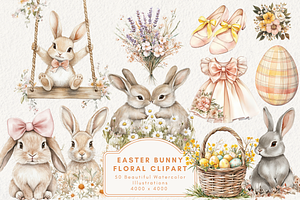 Easter Bunny Floral Clipart, an Illustration by NadiaTheronArt