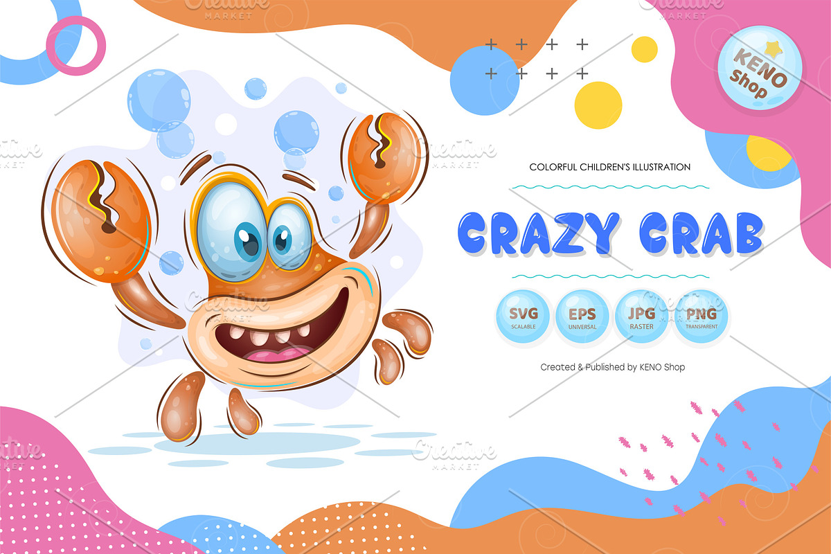 Cute cartoon crab. Tshirt, PNG., an Animal Illustration by KENO Mascots (Photo 1 of 5)