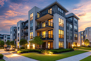 Modern apartment building sunset ext, a Photo by Pixeness Studio