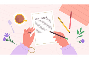 Human hands writing letter to friend, an Illustration by LadadikArt