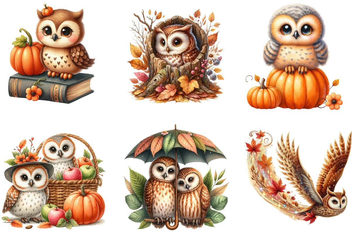 Watercolor Autumn Owl Clipart Bundle, a Seasonal Illustration by DreamArtGraphic (Photo 4 of 4)