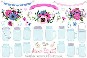 Pink and Navy Mason Jar Cliparts