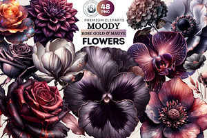 Moody Rose Gold and Mauve Flowers, a Decorative Illustration by ThatsDesignArt