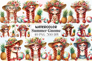 Watercolor Summer Gnome Clipart, an Illustration by CraftArtStudio