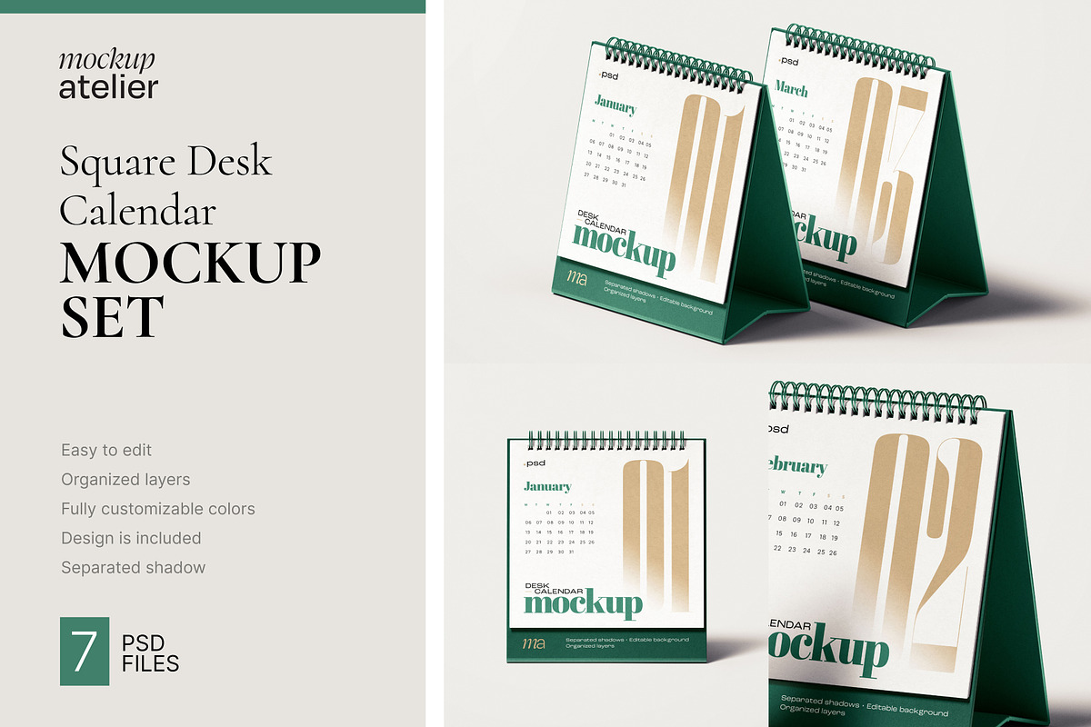Square Desk Calendar Mockup Set, a Print Template by mockupatelier (Photo 1 of 10)