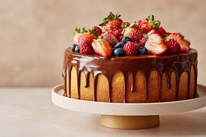 Decadent chocolate cake with fresh fruit topping, a Food & Drink Photo by AlyaAnd