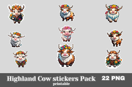 Highland Cow Flower sticker Pack