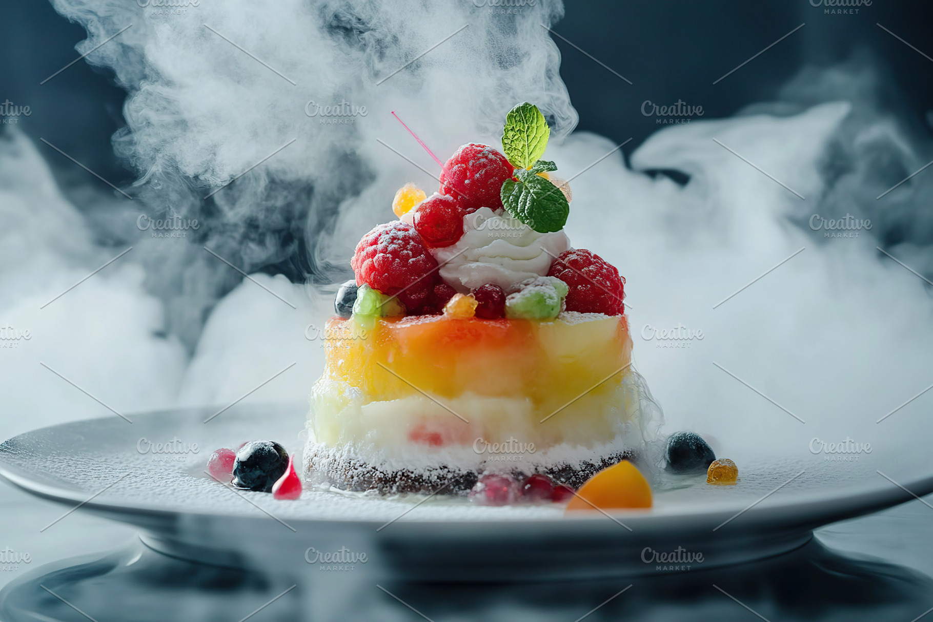 Gourmet molecular dessert with vibrant fruits and aromatic mint leaves served e, a Food & Drink Photo by AlyaAnd