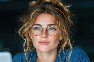 Confident young woman with freckles and glasses looking at camer, a Person Photo by José Manuel Gelpi