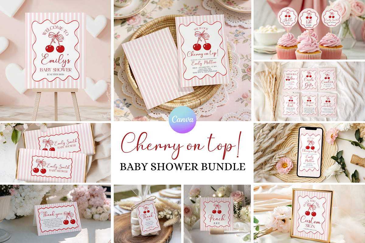 Cherry On Top Baby Shower Bundle, a Stationery Template by VeliusCreativeStudio (Photo 1 of 8)