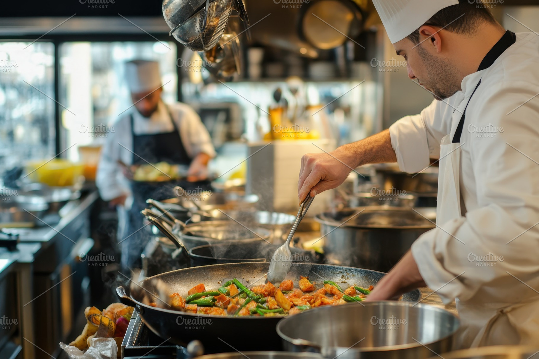 Chef cooking in a busy kitchen, a Photo by Pavel_design