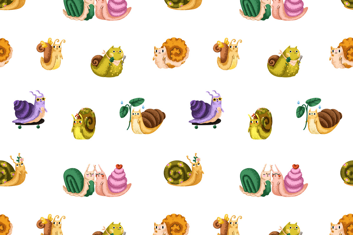 Cute snails set, seamless patterns, an Animal Illustration by Good Studio (Photo 13 of 18)