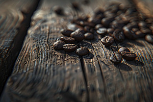 Heap of coffee beans on wooden table, a Food & Drink Photo by AlyaAnd