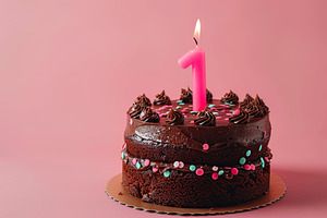 Birthday chocolate cake with one candle number 1 on pink background, a Food & Drink Photo by AlyaAnd