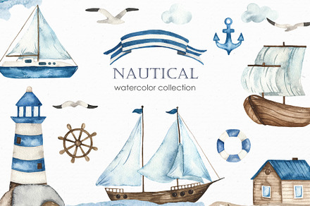 Nautical watercolor collection, a Transportation Illustration by Marina Ermakova