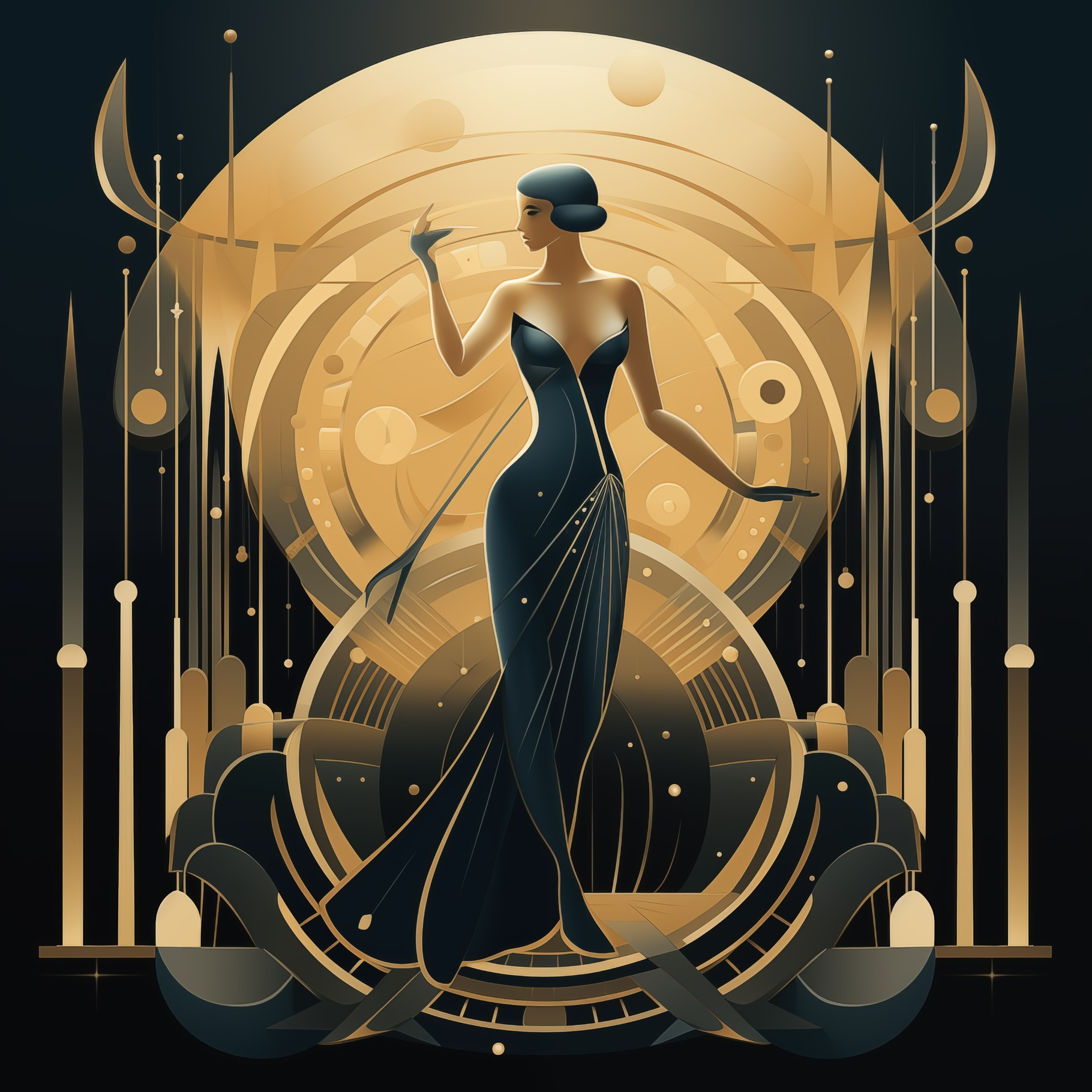 An elegant art deco woman in a glamorous black dress stands poised ...