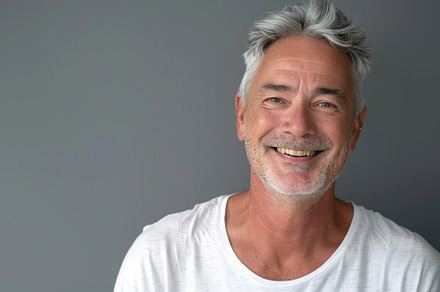 Portrait of mature man with grey hair on grey background, a Person Photo by AlyaAnd