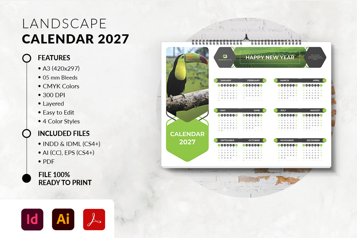 2027 Landscape Calendar Template, a Stationery Template by MstArtwork (Photo 3 of 5)