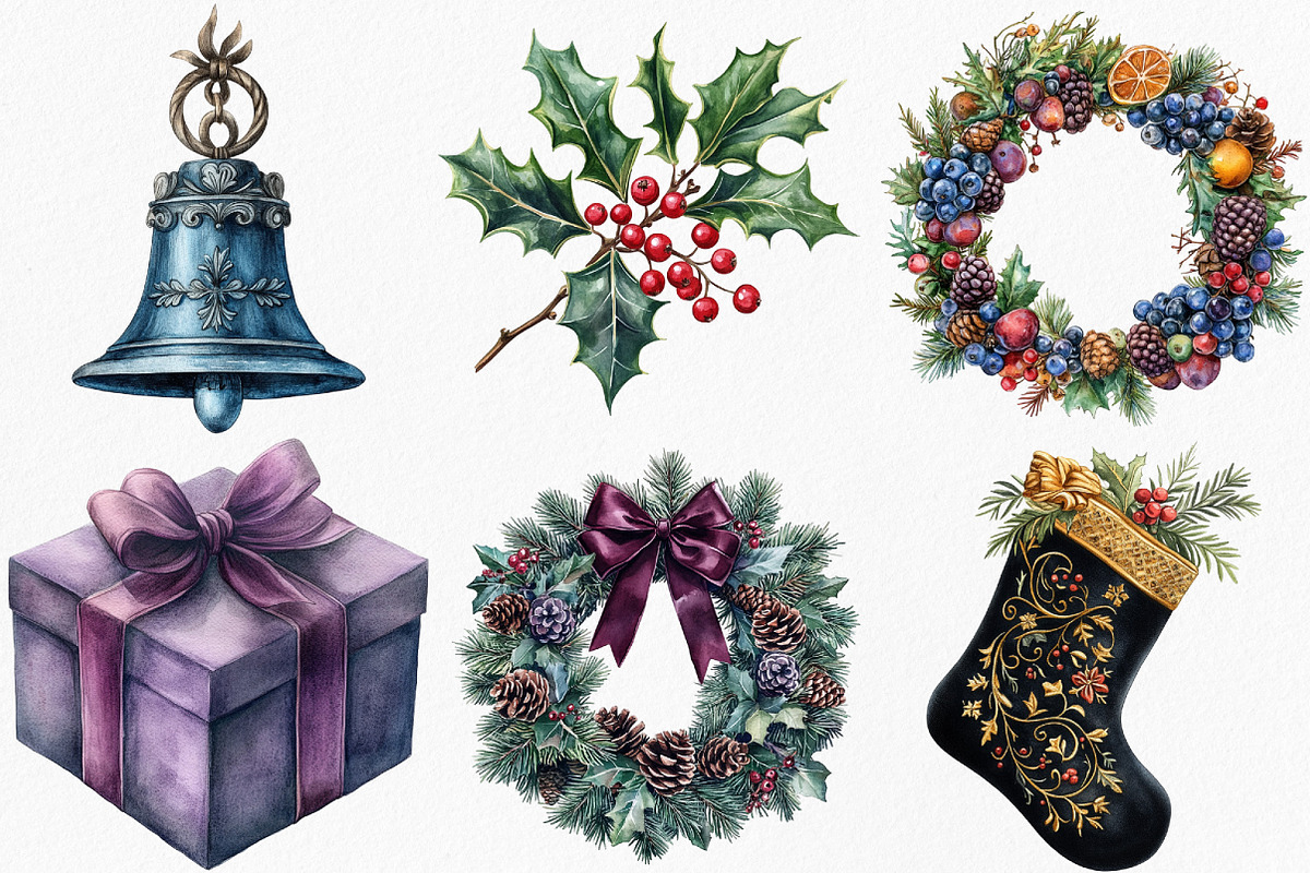 Watercolor Moody Christmas Clipart, an Illustration by Canvas Craft (Photo 2 of 8)