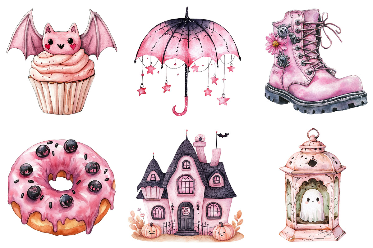 Watercolor Pink Halloween Clipart, a Seasonal Illustration by CitraGraphics (Photo 5 of 5)