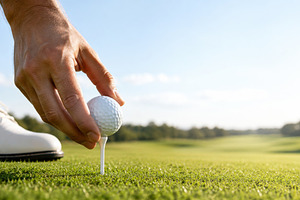 Golf player placing ball on tee with, a Photo by Dvoevnore photos
