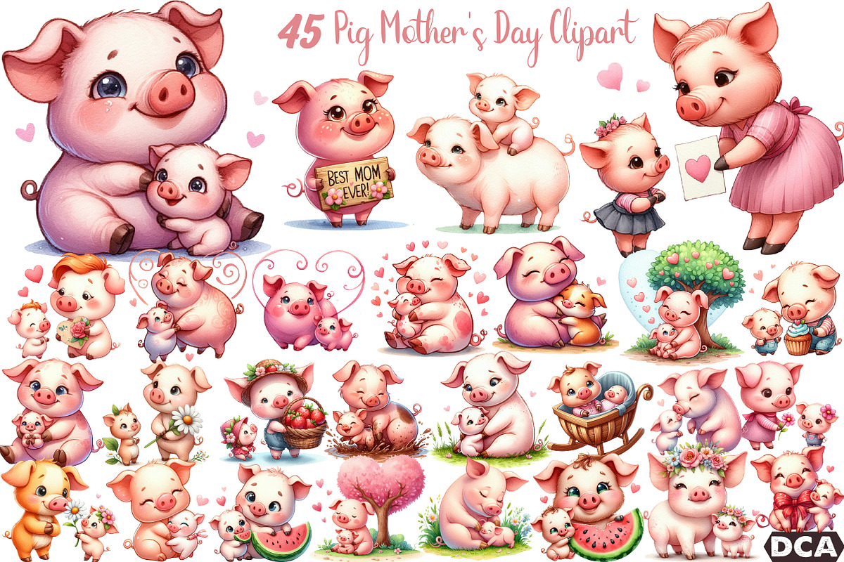 Pig Mothers Day Clipart, an Illustration by DreamCafeArt (Photo 1 of 3)