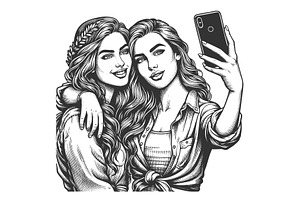 Two young women taking selfie vector, a Person Illustration by AlexArt