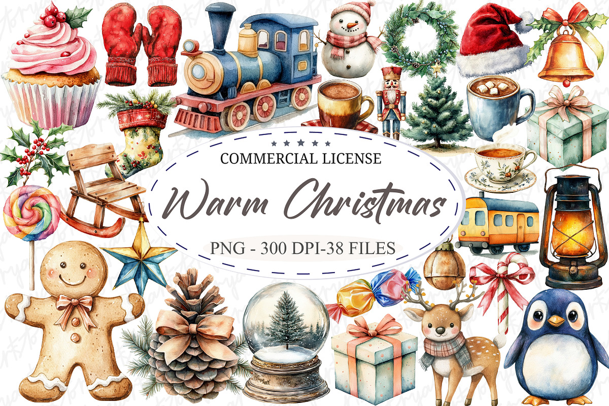 Watercolor Cute Warm Christmas Clipa, an Illustration by designcity5 (Photo 1 of 5)