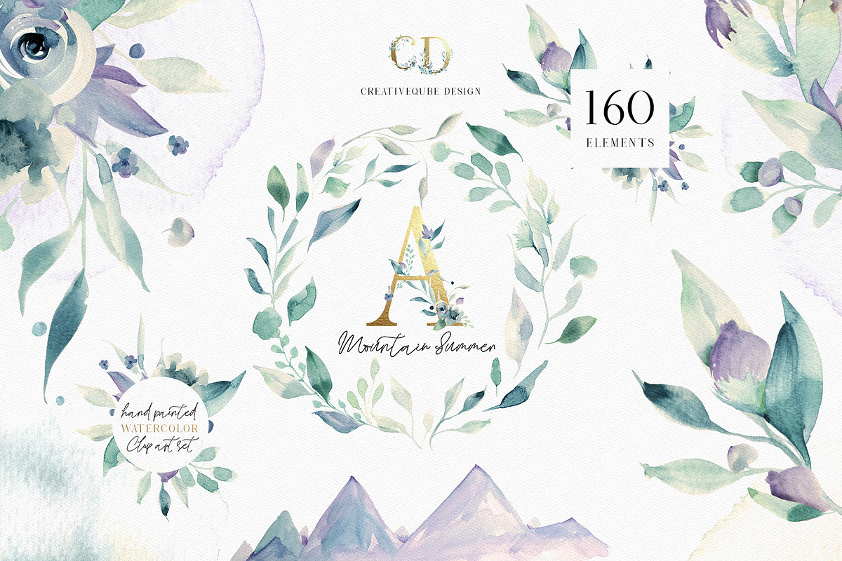 A Mountain Summer Watercolor Set, an Illustration by Creativeqube Design (Photo 1 of 19)