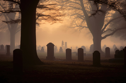 An eerie shot taken at the stroke of midnight, capturing the fog, a Holiday Photo by designvectx