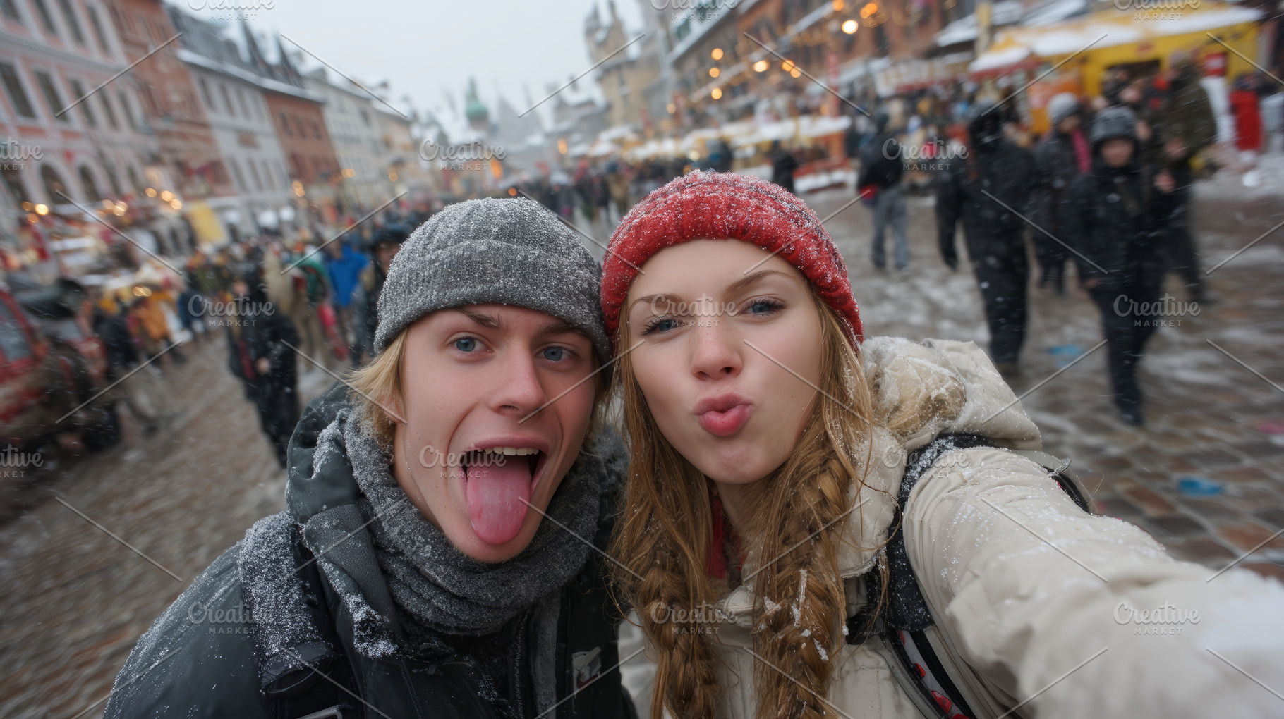 Two friends take a fun winter selfie at a snowy outdoor market with festive lig, a Photo by AS photostudio