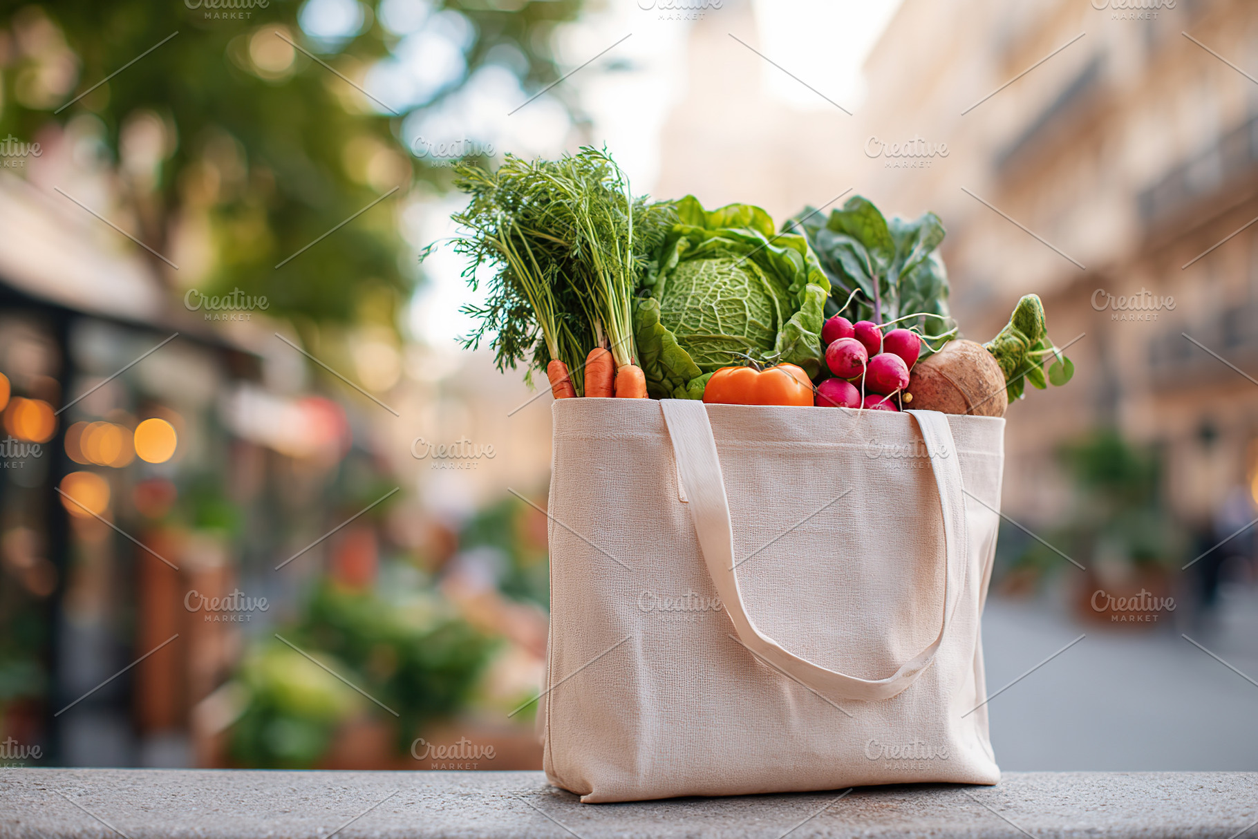 Fresh vegetables in a reusable bag on a city street during daylight, a Photo by AlyaAnd