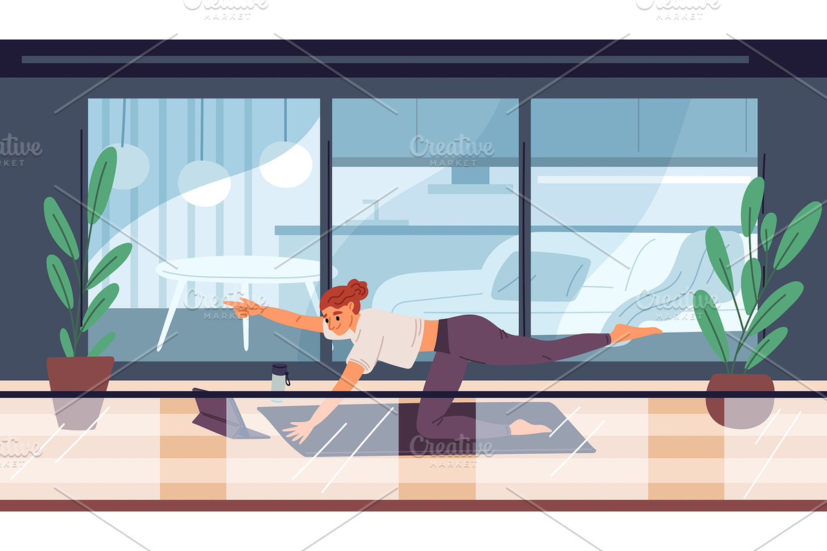 Woman does yoga on balcony of, a Sport Illustration by Vectorbuum