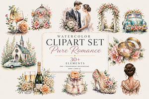 37Watercolor Wedding Clipart PNG Set
