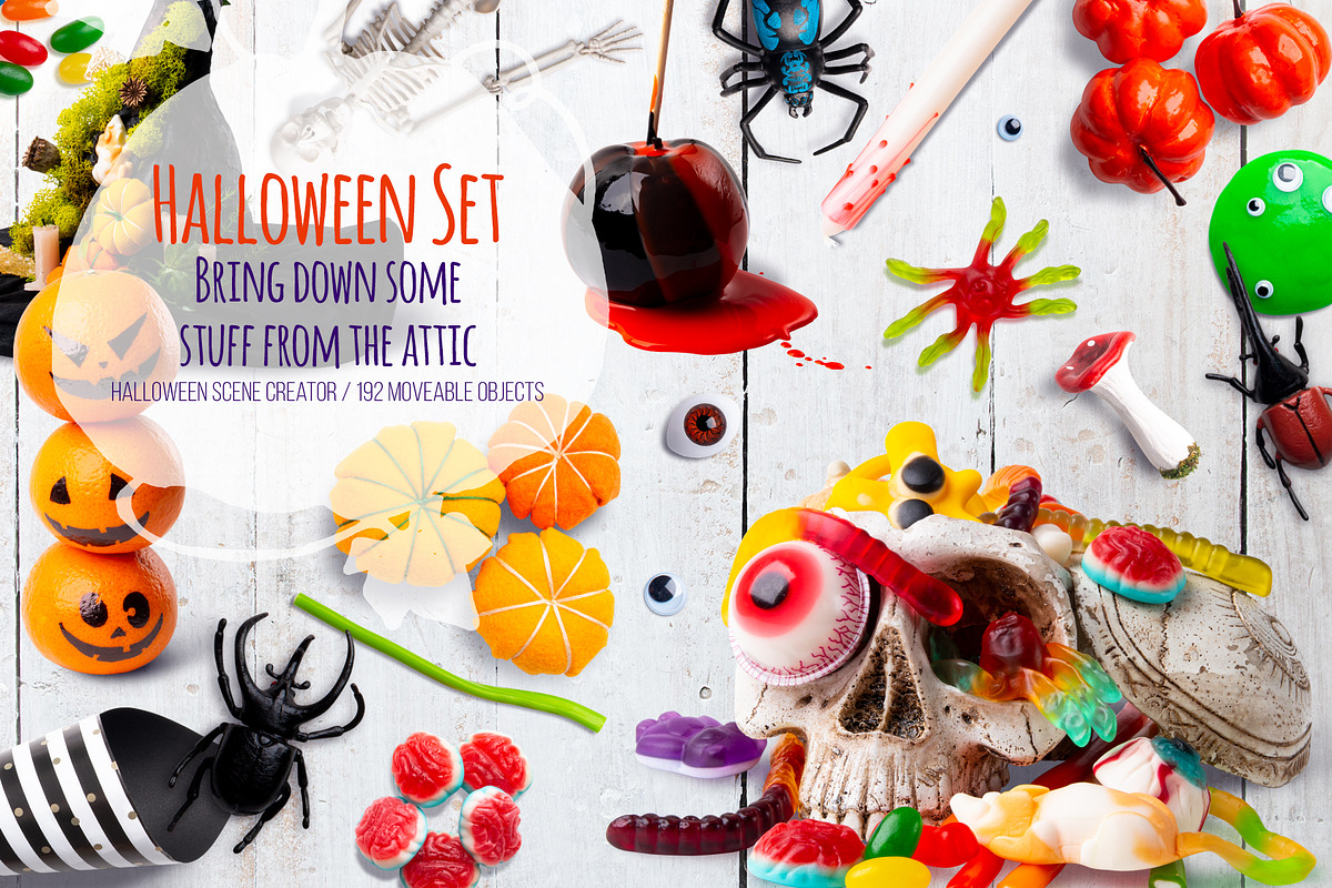 192 isolated Haloween moveable items, a Books & Magazine Mockup by rubinat (Photo 1 of 15)