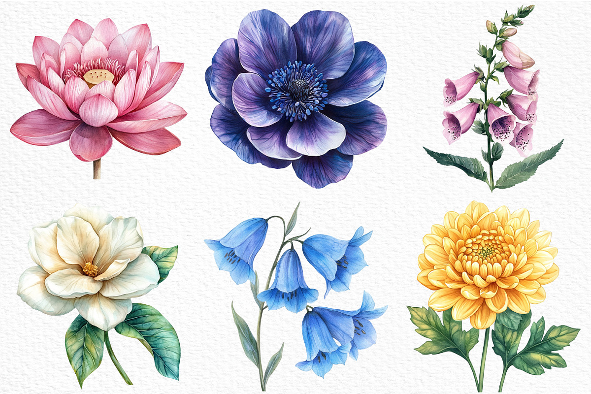 Watercolor Retro Flower Clipart, an Illustration by Craft Nest (Photo 6 of 6)