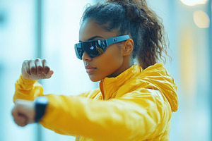 Young woman in yellow jacket exercis, a Photo by Tanuart