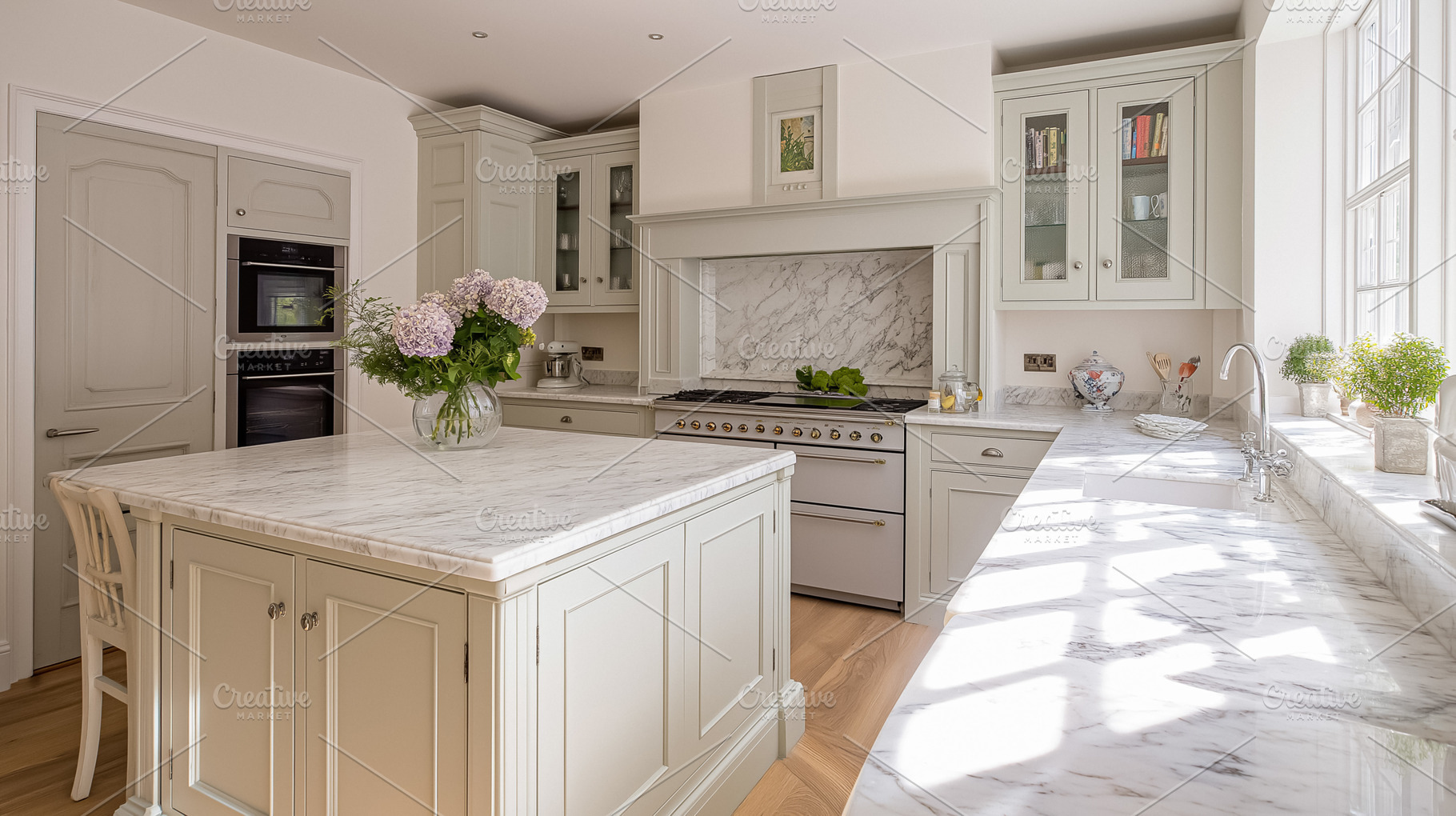 Bright and elegant kitchen featuring white marble counters, light grey cabinetr, an Architecture Photo by Studio ANNA