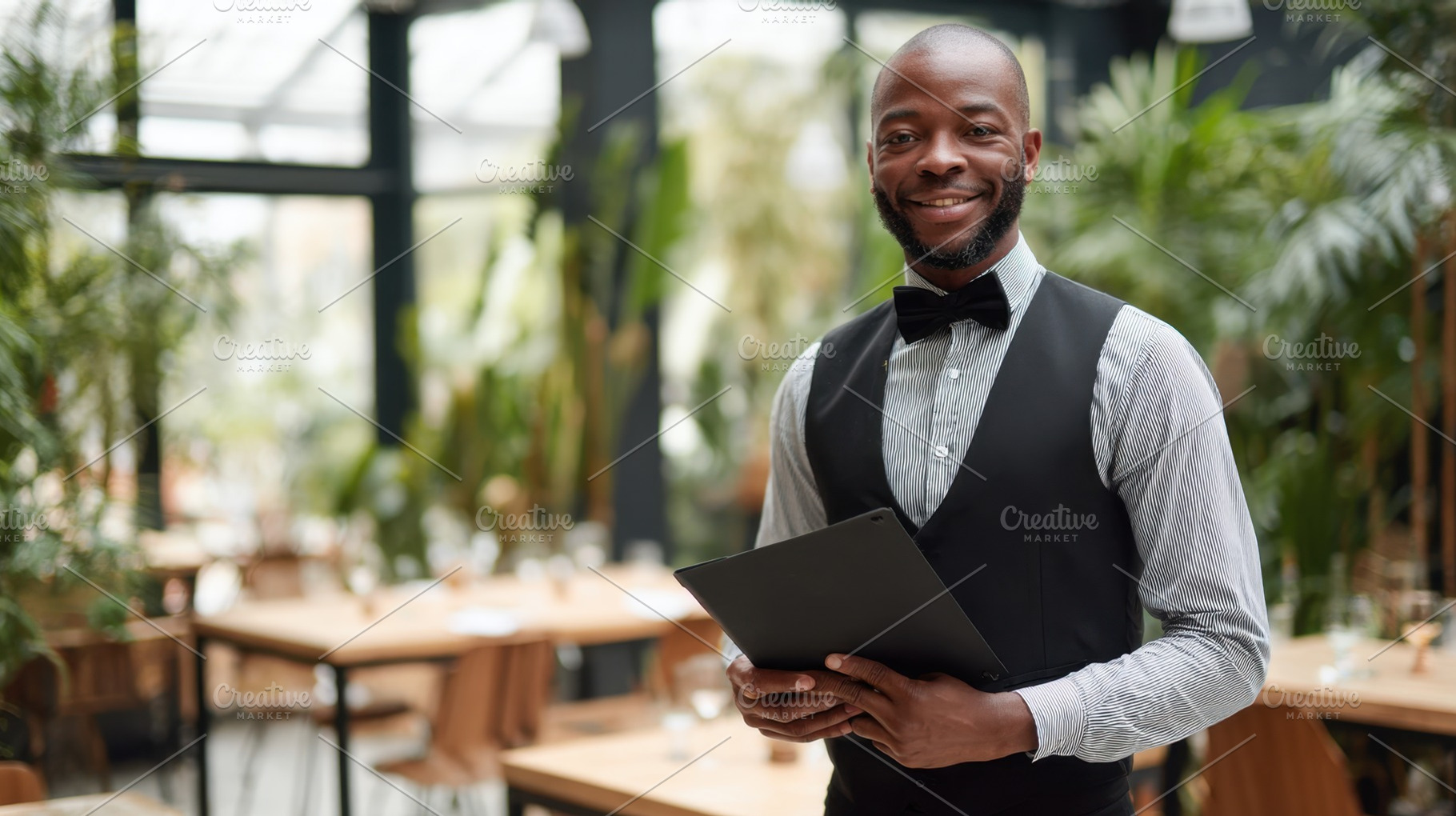 Friendly waiter in modern eatery, a Photo by Beautiful things