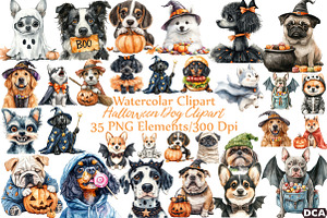 Watercolor Halloween Dog Clipart, an Illustration by DreamCafeArt