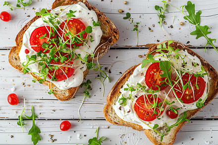Sandwich with cream cheese, microgreens and tomatoes on wooden table, a Food & Drink Photo by AlyaAnd
