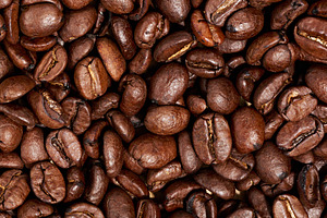 Whole roasted coffee beans scattered chaotically, a Food & Drink Photo by ndanko