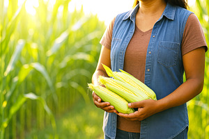 Female farmer holding fresh corn in a sunlit field, concept of a, a Photo by Dvoevnore photos
