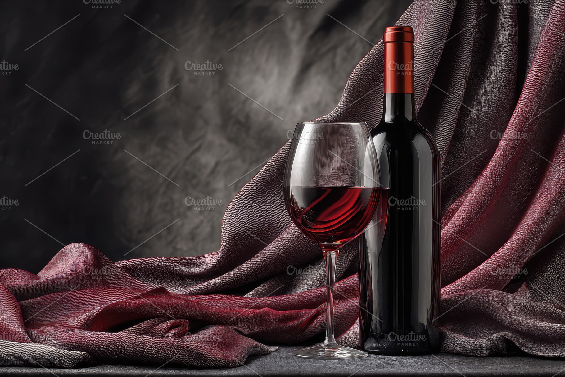 Red wine bottle and glass on dark, a Photo by Pavel_design