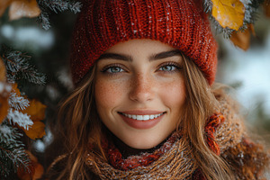 Smiling young woman in a cozy red ha, a Photo by Tanuart