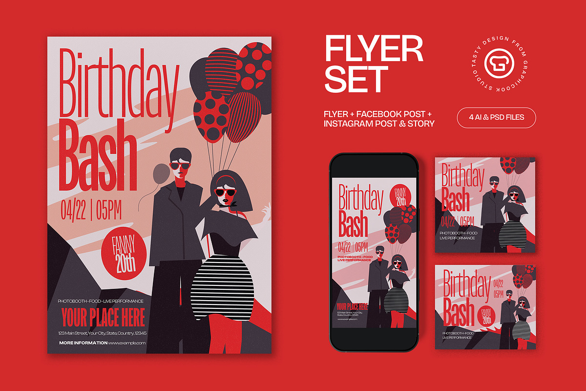Red Bold Birthday Bash Flyer Set, a Flyer Template by graphicook (Photo 1 of 6)