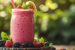 Berry smoothie with banana slice and, a Food & Drink Photo by Pixeness Studio
