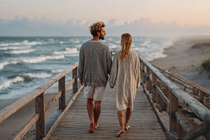 Couple walks hand in hand on wooden path during sunset by beach, a Photo by OSORIOartist